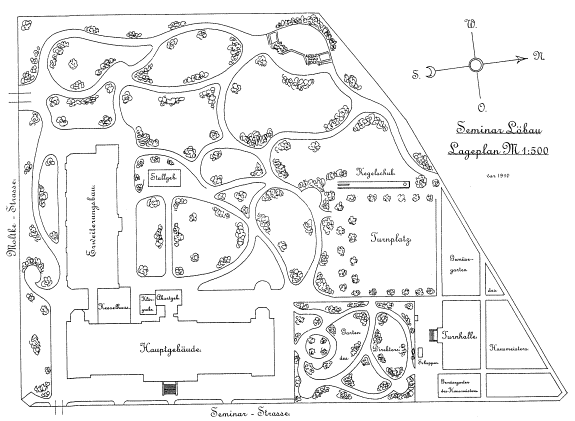 Lageplan des "Seminarviertels" vor 1910. Neuzeichnung nach alten Plänen von Guido Storch, Löbau (verkleinert)